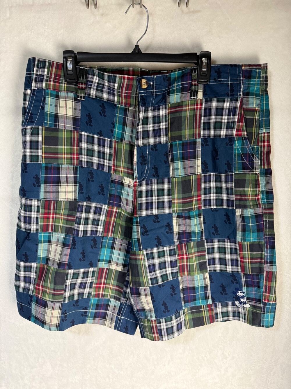 Walt Disney World Plaid Patchwork Mickey Mouse Embroidered Shorts Size 40